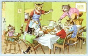 Mainzer Dressed Cats DINNER TABLE CHAOS Anthropomorphic ~ Belgium #4850 Postcard