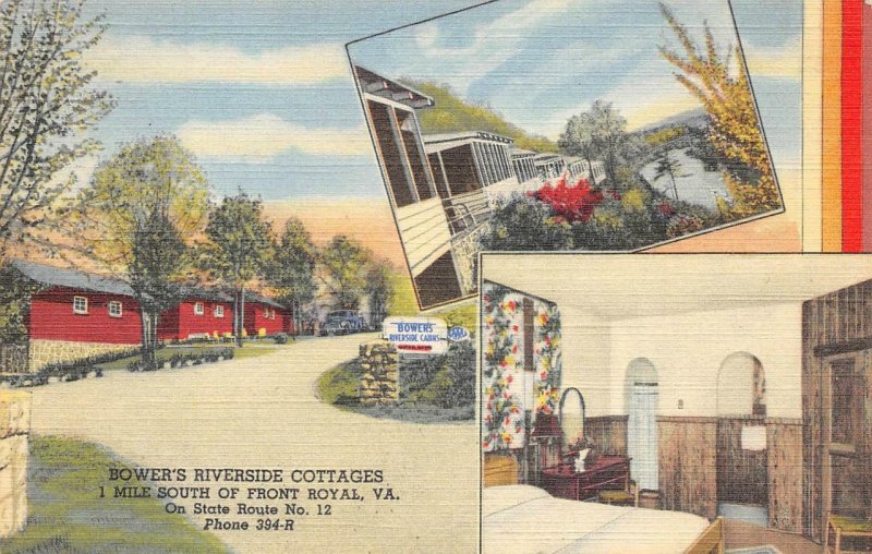 BOWER'S RIVERSIDE COTTAGES Front Royal, Virginia Roadside Linen Postcard c1940s 