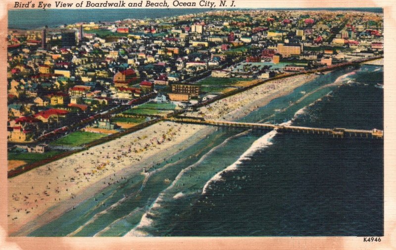 Vintage Postcard Bird's Eye View Of Boardwalk & Beach Ocean City New Jersey NJ