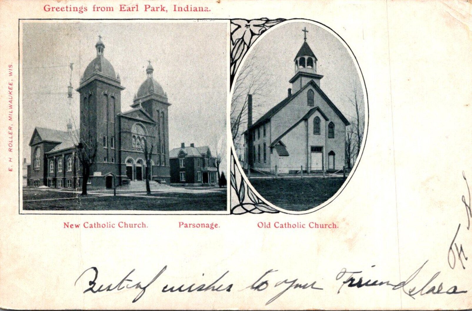 Indiana Earl Park Greetings With New Catholic Church and Parsonage and