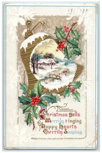 1911 Christmas Ringing Merrily Bells Holly Berries Embossed Salem OR Postcard