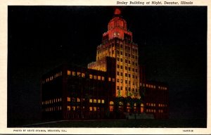 Illinois Decatur Staley Building At Night Curteich