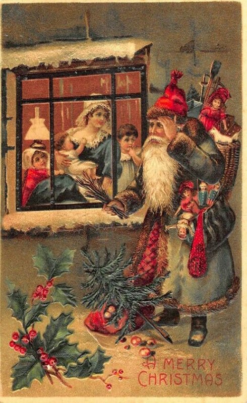 Christmas Green Suited Santa Claus Peeking in Window Children Postcard