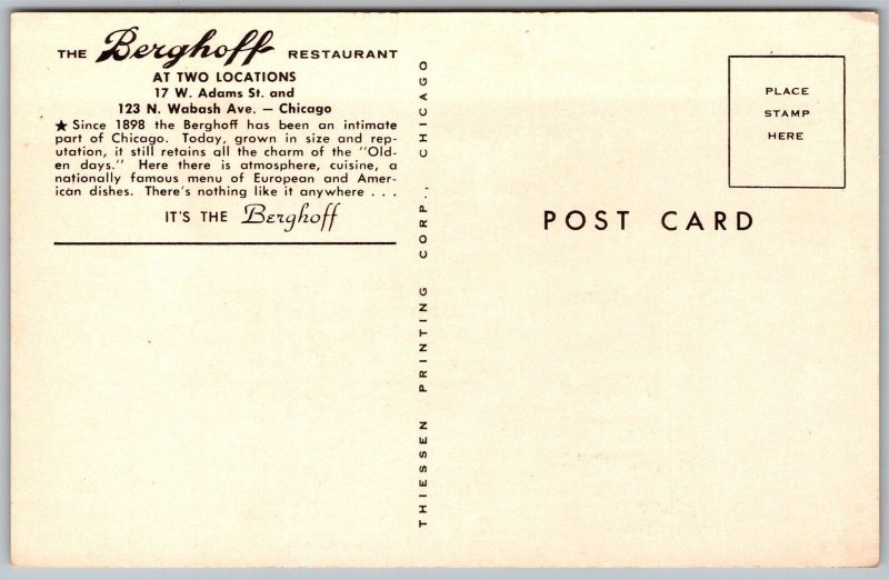 Vtg Chicago Illinois IL The Berghoff Restaurant Postcard