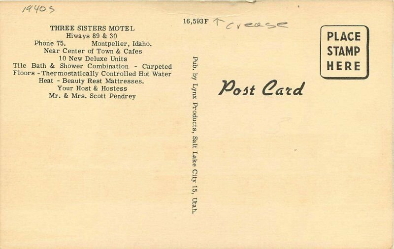 Montpelier Idaho Three Sisters Motel roadside Lynx Products Postcard 11013