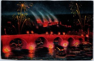 VINTAGE POSTCARD FIREWORKS ON THE BRIDGE AND CASTLE HEISELBERG GERMANY 1900s