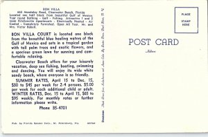 Vintage Bon Villa Court, Clearwater Beach, Florida Postcard P130