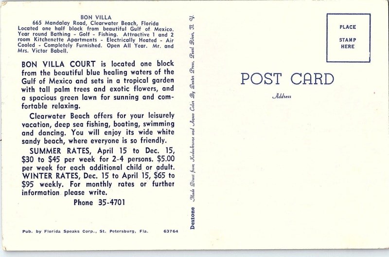 Vintage Bon Villa Court, Clearwater Beach, Florida Postcard P130