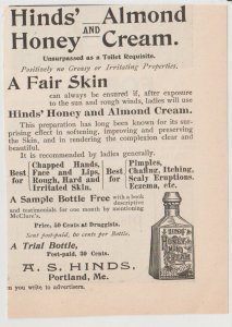 1896 Print Ad, Hinds' Honey and Almond (Skin) Cream  Portland Maine