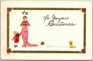 A Joyous Christmas, 1915 Woman & Child Yellow Dog, Holly Floral Border, Postcard