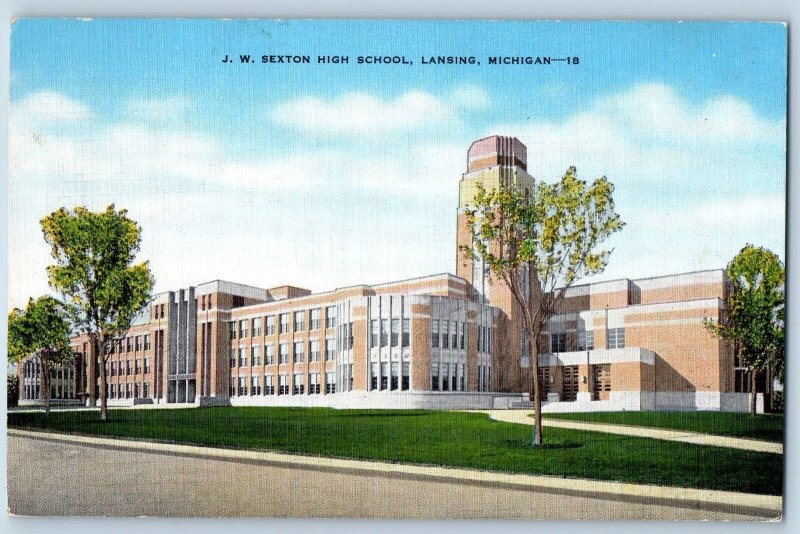 c1940's JW Sexton High School Campus Building Tower Lansing Michigan MI Postcard