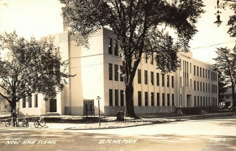 Alpena MichiganNew High SchoolBicycles on Corner1942 Varsity BoardRPPC