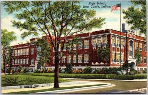 New Castle Indiana IND, High School Building, Street Corner, Vintage Postcard