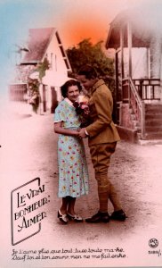 Romantic Couple Woman & Soldier Le Vrai Bonheur Aimer Color Tinted Real Photo...