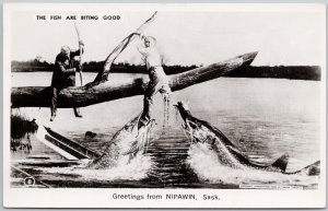 Nipawin SK Exaggerated Fish Fishing Are Biting Humour Canada RPPC Postcard H72