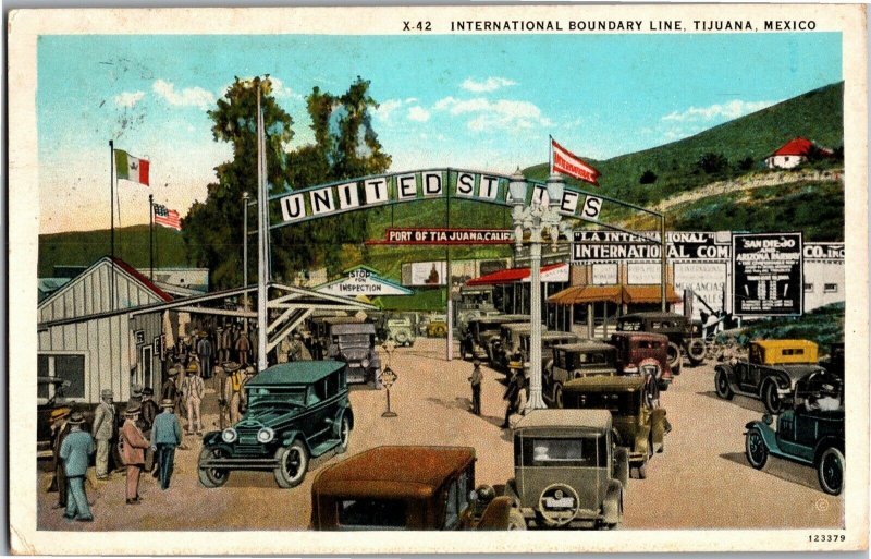 Port of Tiajuana, International Boundary Line Cars Tourists Vintage Postcard V24 