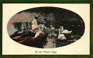 Vintage Postcard 1910's By The Water's Edge! Two Women and Swimming Swans Art