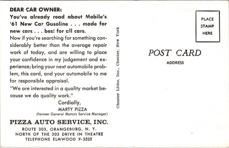 Postcard Pizza Auto Service Inc Orangeburg, New York Mobil Gasoline