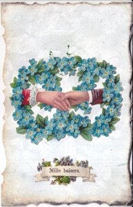 A067 Novelty Cut-out Forget-Me-Not Flowers Hand-Shake Mille-Baisers postcard