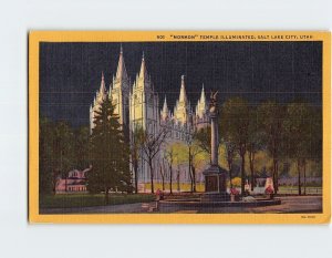 Postcard Mormon Temple Illuminated, Salt Lake City, Utah