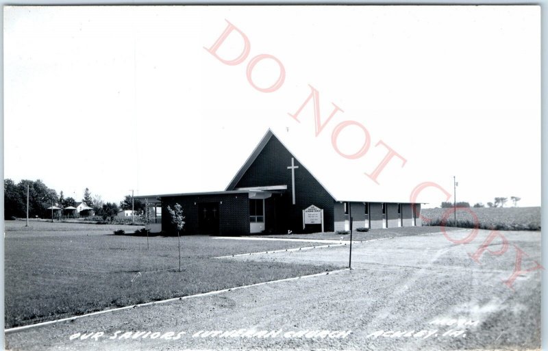 c1950s Ackley, IA RPPC Our Saviors Lutheran Church New Farm Tree Real Photo A109