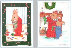 2 Postcards DRESSED RABBITS & CHRISTMAS 1988 Artist Susan Whited LaBelle 4x6