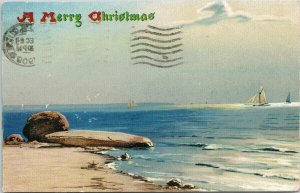 Merry Christmas Xmas Sail Boat Water Ocean Scene Seascape Tuck 133 Postcard G30