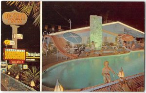 Roadside DESERT INN MOTEL Disneyland ANAHEIM, CA Pool Night Neon 1950s Postcard