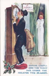 Merry Christmas Drunk Man Kissing Grandfather Clock