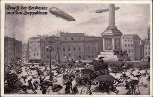 London Zeppelin Airship WWI Comic Chaos in City c1915 Postcard