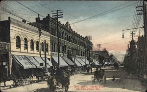 San Bernardino California CA Third Street Scene Horses Wagons c1910 Postcard