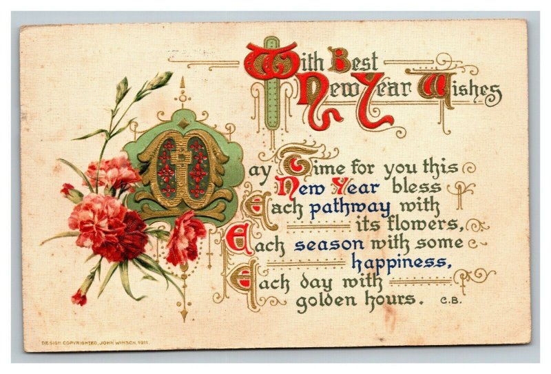 Vintage 1915 Winsch Back Christmas Postcard Xmas Poem Fine Lettering Pink Flower