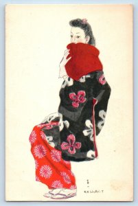 Keiichi T. Signed Postcard Japanese Woman Haori Coat Wrapped In Cold Season