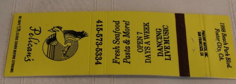 Pelican's Seafood Pasta Foster City California Bird 20 Strike Matchbook Cover