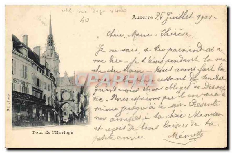 Old Postcard Auxerre Clock Tower