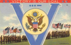 V for Victory Is Our Goal Soldiers Military Flags WWII 1943 linen postcard