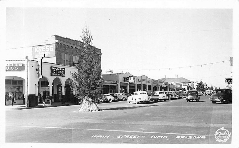 Yuma AZ Main Street McCallum Drug Store Business District Old Cars RPPC