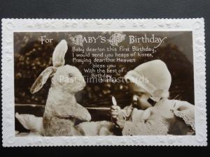 LITTLE BABY PLAYING WITH BUNNY RABBIT Birthday Greeting Old RP Postcard