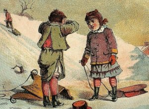  Trade Victorian Card Sullivan  Hildreth White Sewing Machine Snow Sledding Kids 