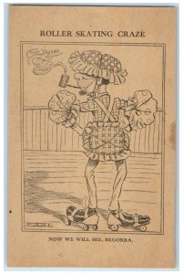 c1910's Roller Skating Craze Man Smoking Pipe We Will Begorra See Earl Postcard