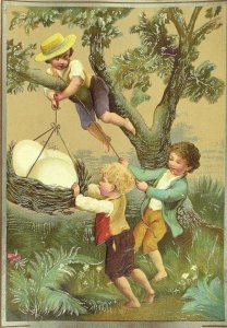 1880's-90's Embossed Easter Adorable Boys Tree Giant Bird's Nest 3 Giant Eggs &S 
