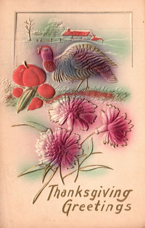 Vintage Postcard Thanksgiving Greetings Turkey Flower Crops Holiday Greetings