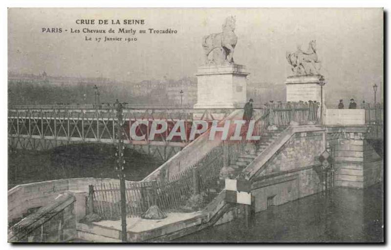 Old Postcard Paris Crue of the Seine January 1910 Flood of Marly horses at Tr...