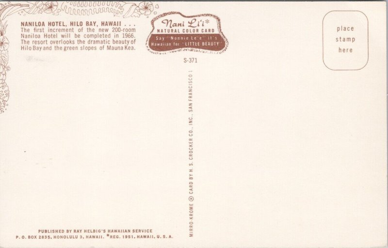 Naniloa Hotel Hilo Bay Hawaii HI Unused Vintage Postcard H62
