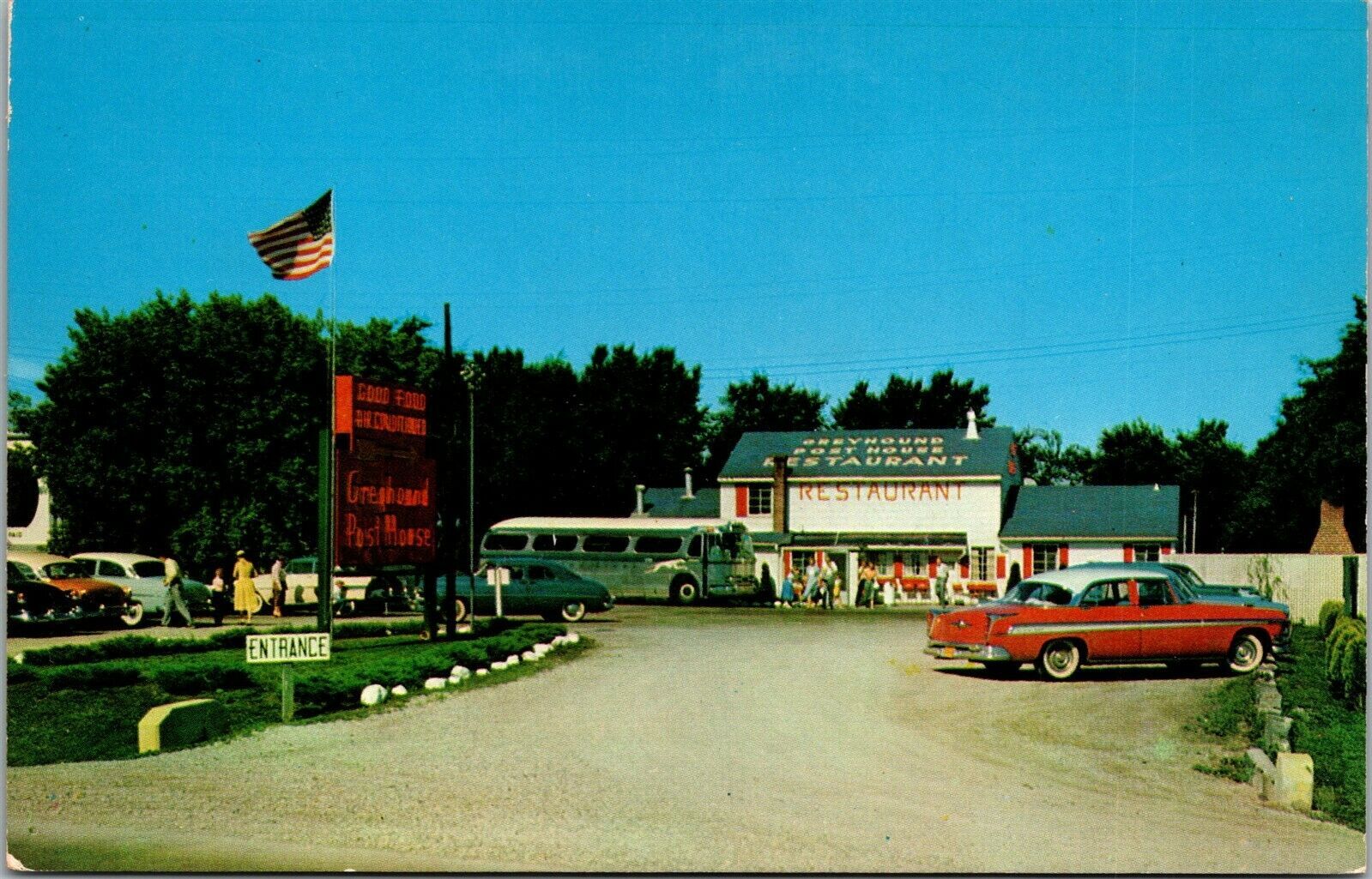 Vtg Kentland Indiana IN Greyhound Post House Restaurant Old Cars 1950s Postcard United States