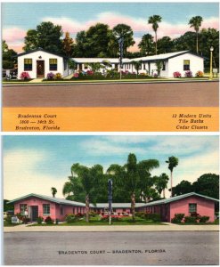 2 Postcard BRADENTON, Florida FL ~ Roadside BRADENTON COURT Motel 1940s Linen