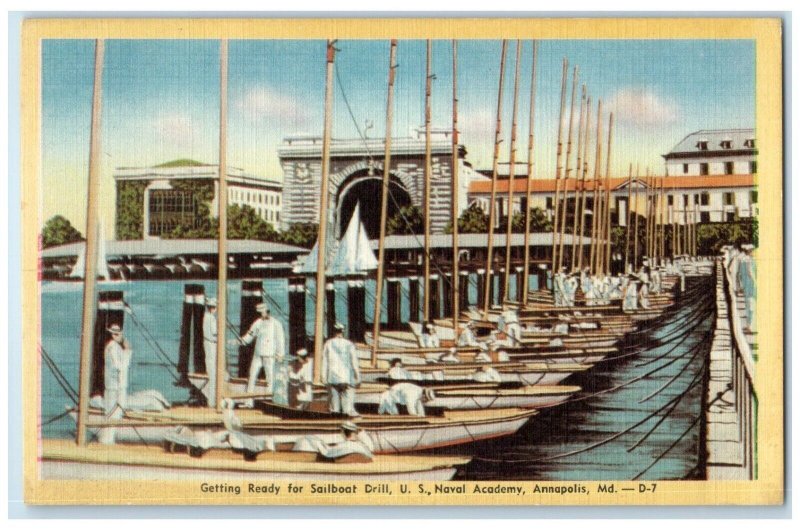 c1950's Getting Ready For Sailboat Drill US Naval Academy Annapolis MD Postcard