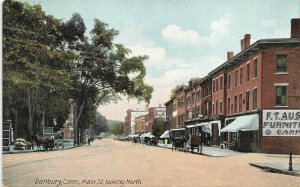 Danbury CT Main Street Looking North Storefronts Horse & Wagons Postcard
