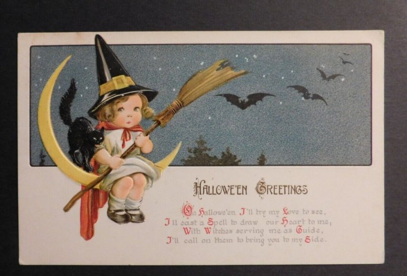 Mint USA Picture Postcard Halloween Young Witch on Moon with Bats Black Cat Star