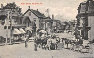 Machias Maine Main Street Horses Drinking Water from Well Postcard AA100554